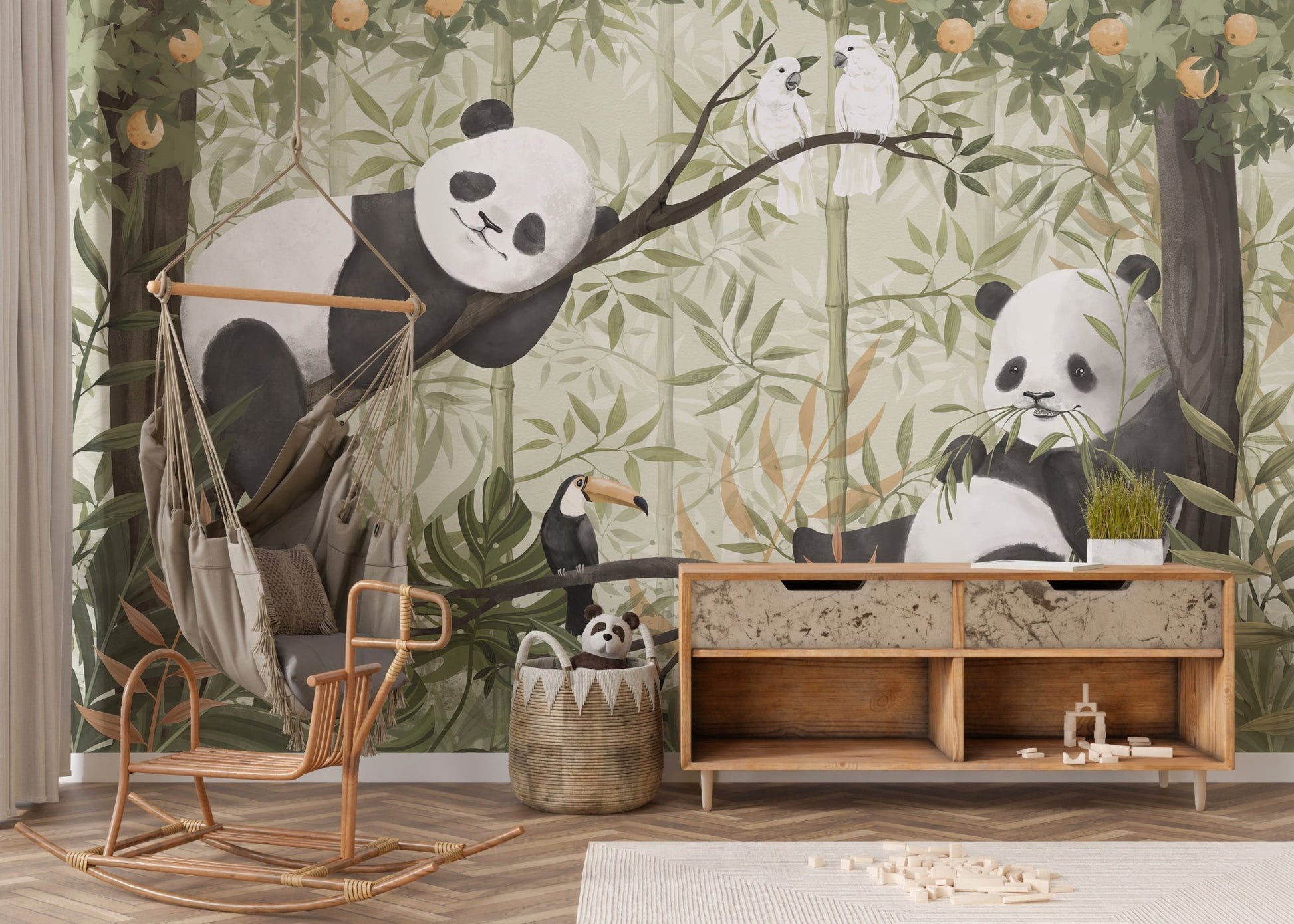 Panda resting in canopy with greenery wall mural.