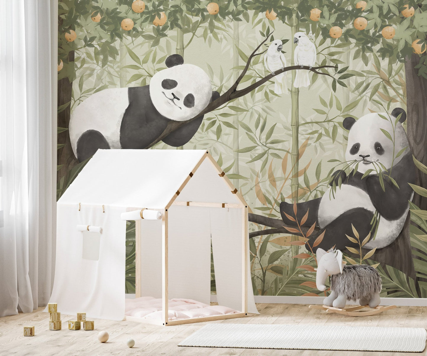 Tree branch panda scene with leafy accents wallpaper.