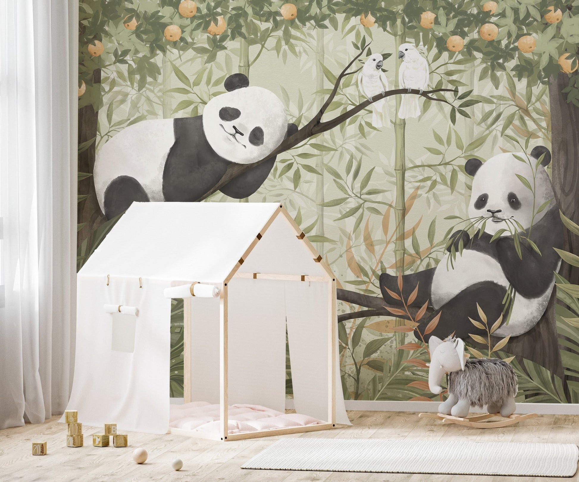 Tree branch panda scene with leafy accents wallpaper.