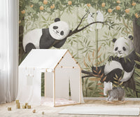 Tree branch panda scene with leafy accents wallpaper.