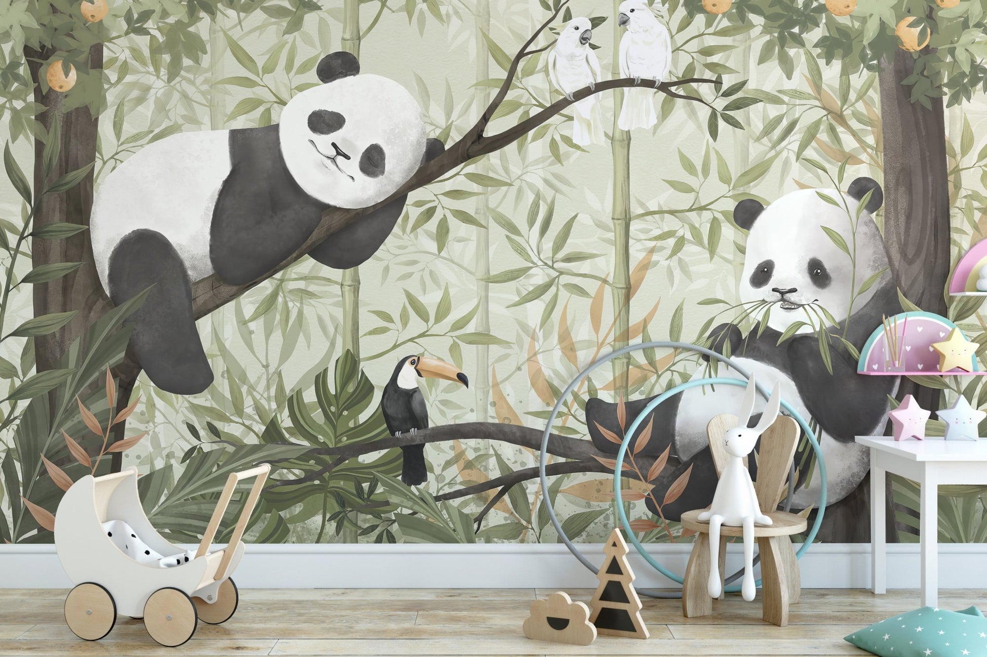 Whimsical panda and white birds wall mural design.