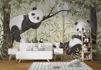 Soft green bamboo and panda illustration wallpaper.