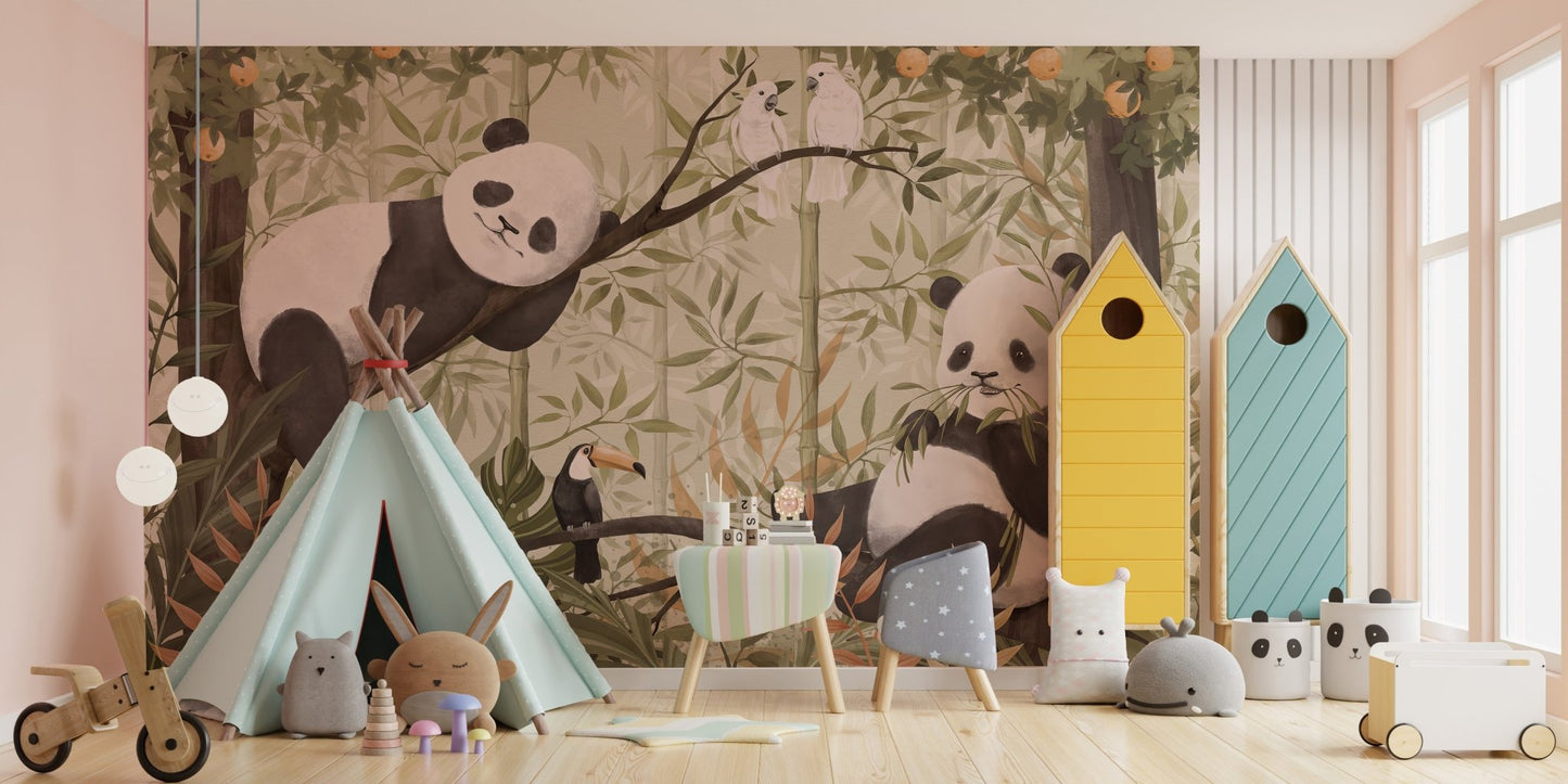 Pandas lounging in leafy jungle wall mural.
