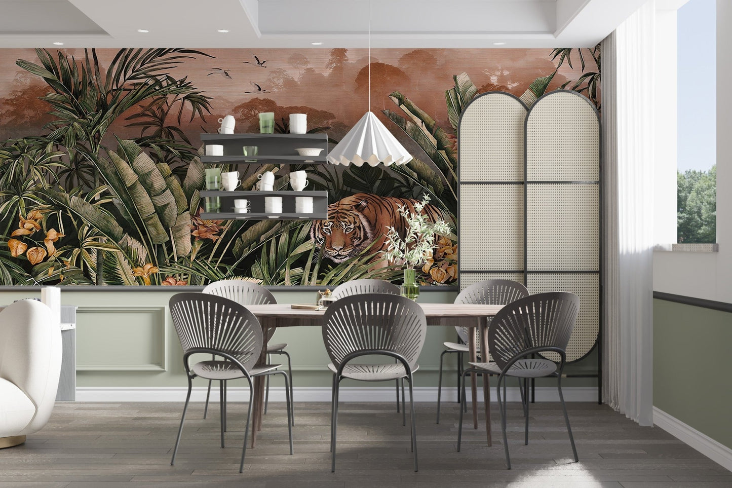 Dining room with grey chairs and Peaceful Tiger Jungle Wall Mural
