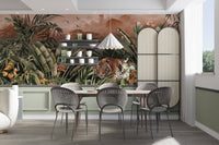 Dining room with grey chairs and Peaceful Tiger Jungle Wall Mural