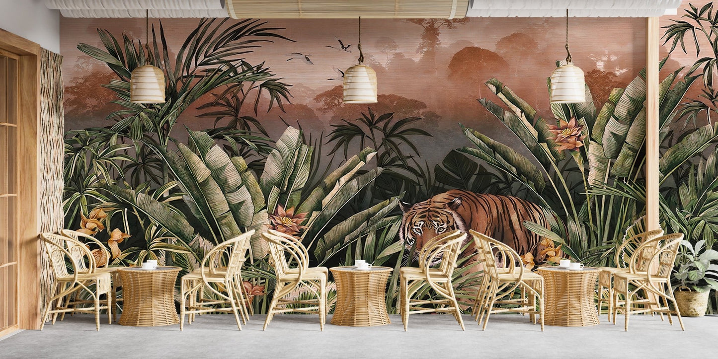 Jungle tiger scene mural in a long cafe space.