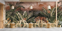 Jungle tiger scene mural in a long cafe space.