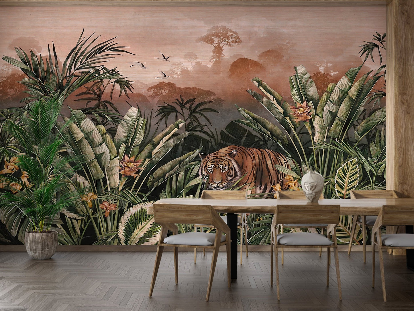 Elegant tiger in jungle mural modern dining area.