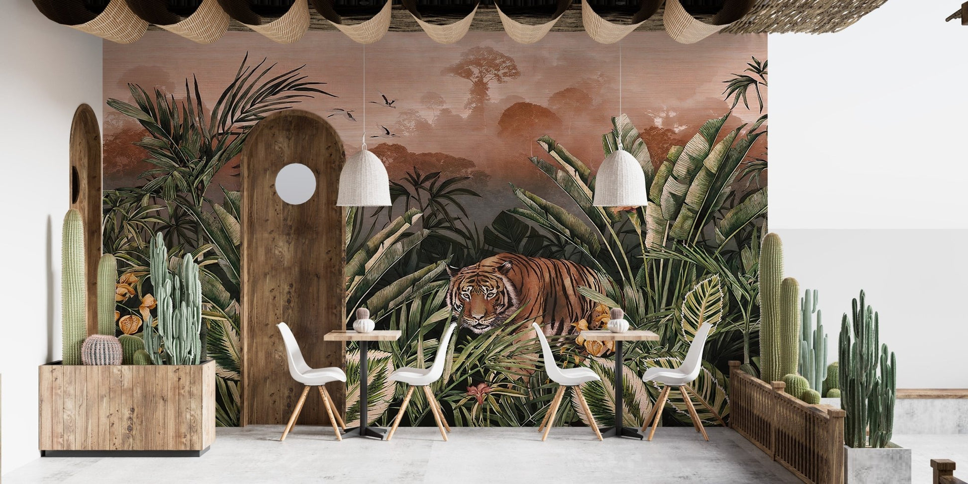 Relaxing tiger jungle mural in a Cafe seating area.