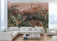 Tranquil jungle tiger mural in a bright living room.