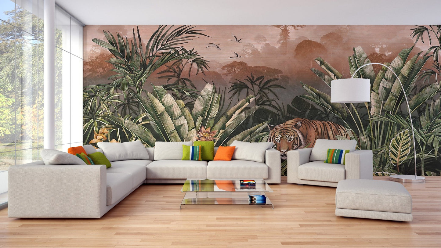 Serene tiger jungle wall mural in open space living area.