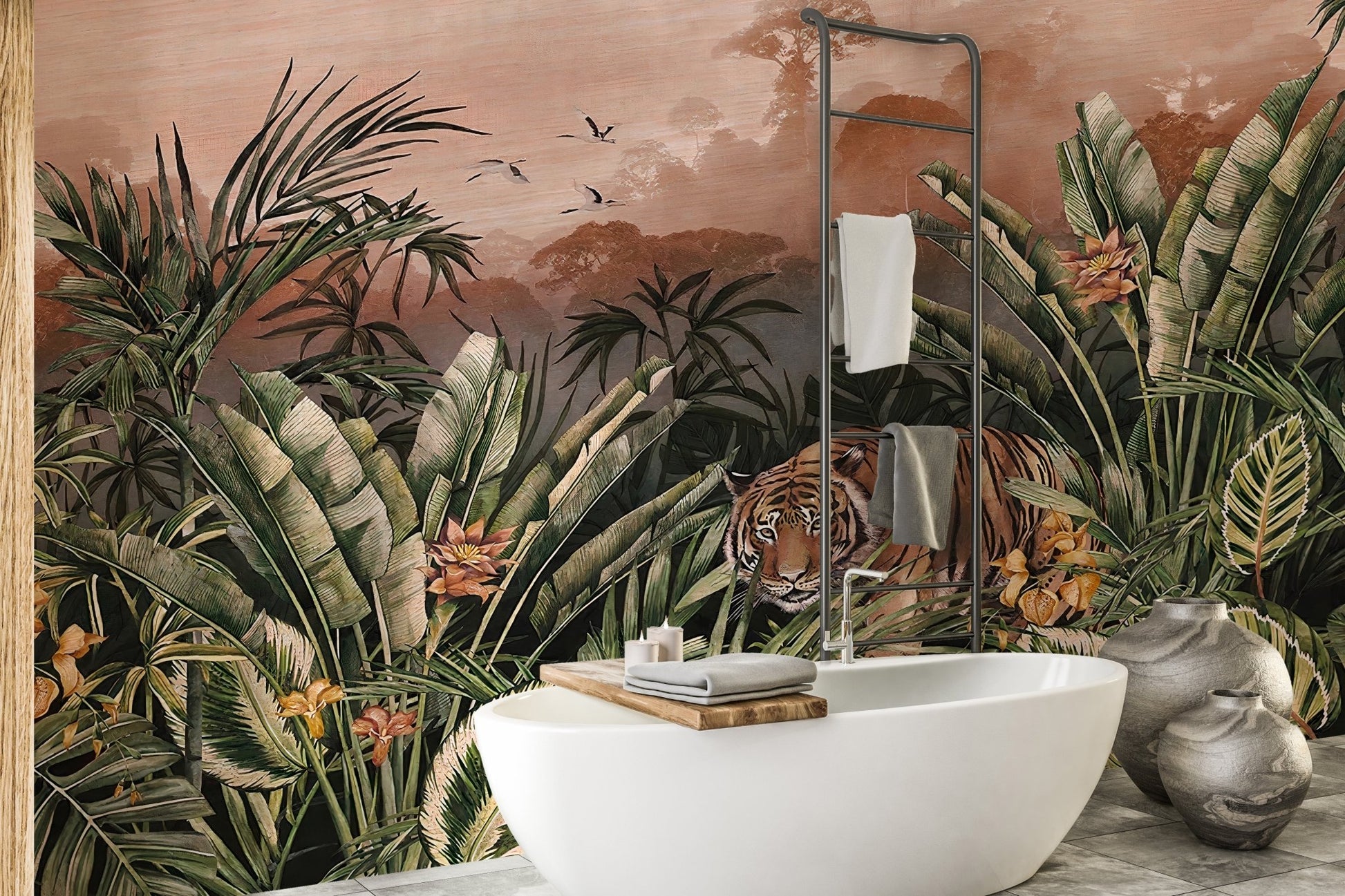 Peaceful forest tiger wall mural backdrop in a bathroom.