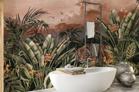 Peaceful forest tiger wall mural backdrop in a bathroom.