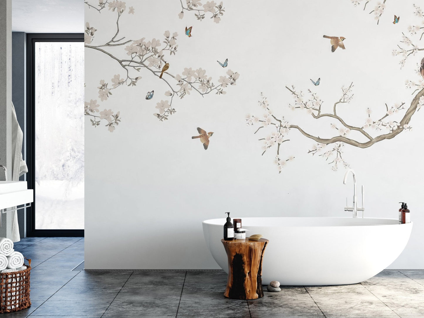 Elegant floral branch wallpaper mural with butterflies and birds.