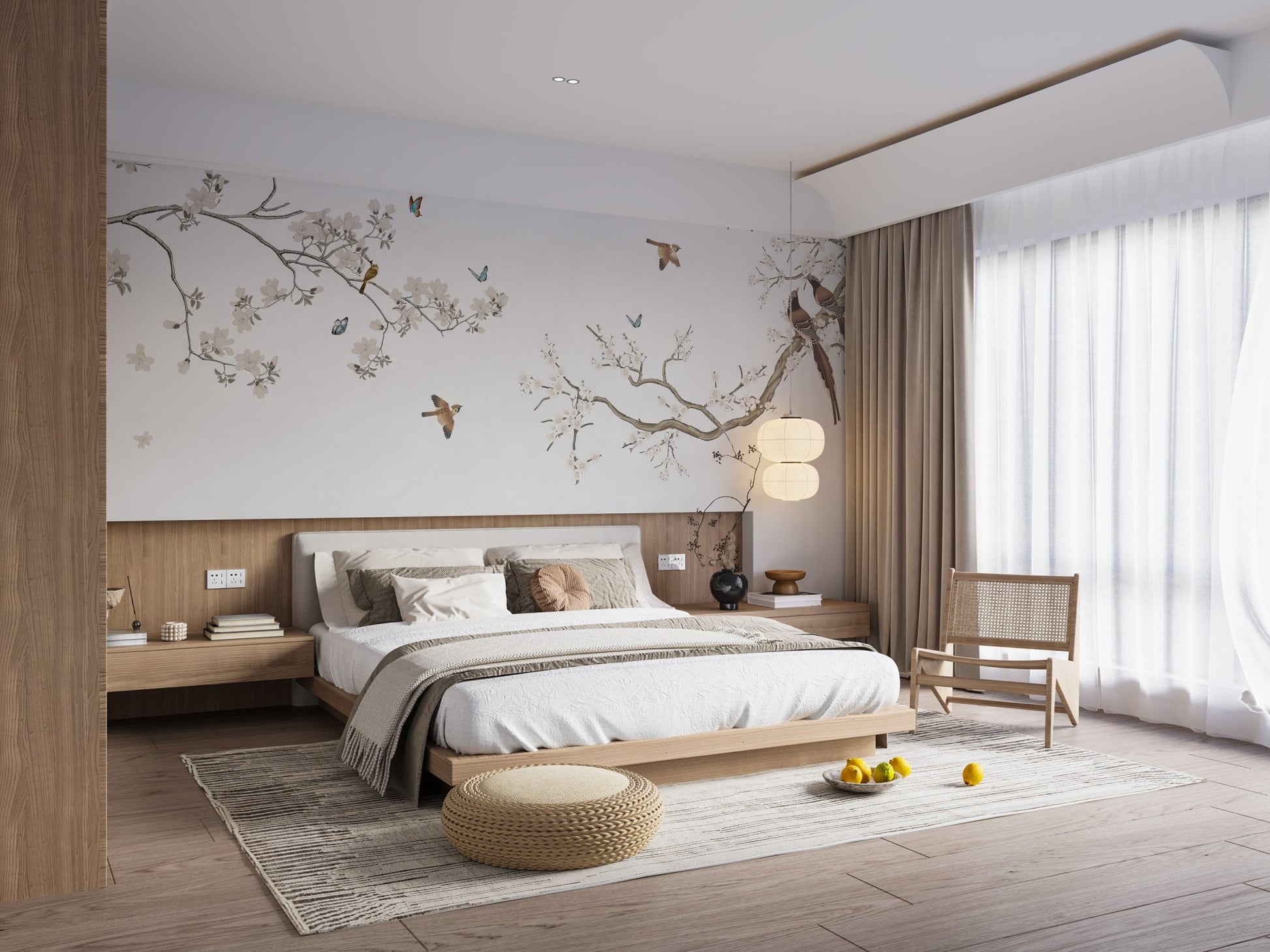 Subtle peach blossom wallpaper wall mural with floating butterflies.