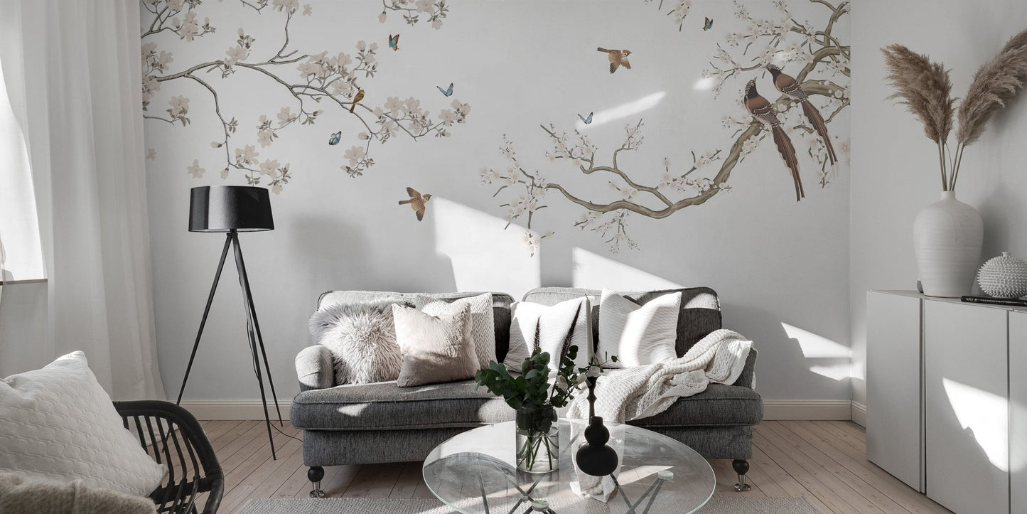Watercolor peach flowers and birds wallpaper wall mural design.