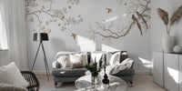 Watercolor peach flowers and birds wallpaper wall mural design.