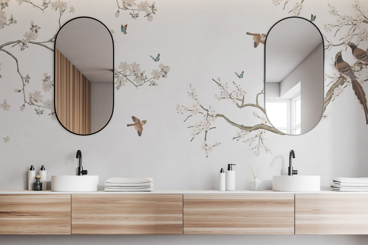 Artistic bird and blossom wallpaper mural with airy background.