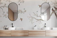 Artistic bird and blossom wallpaper mural with airy background.