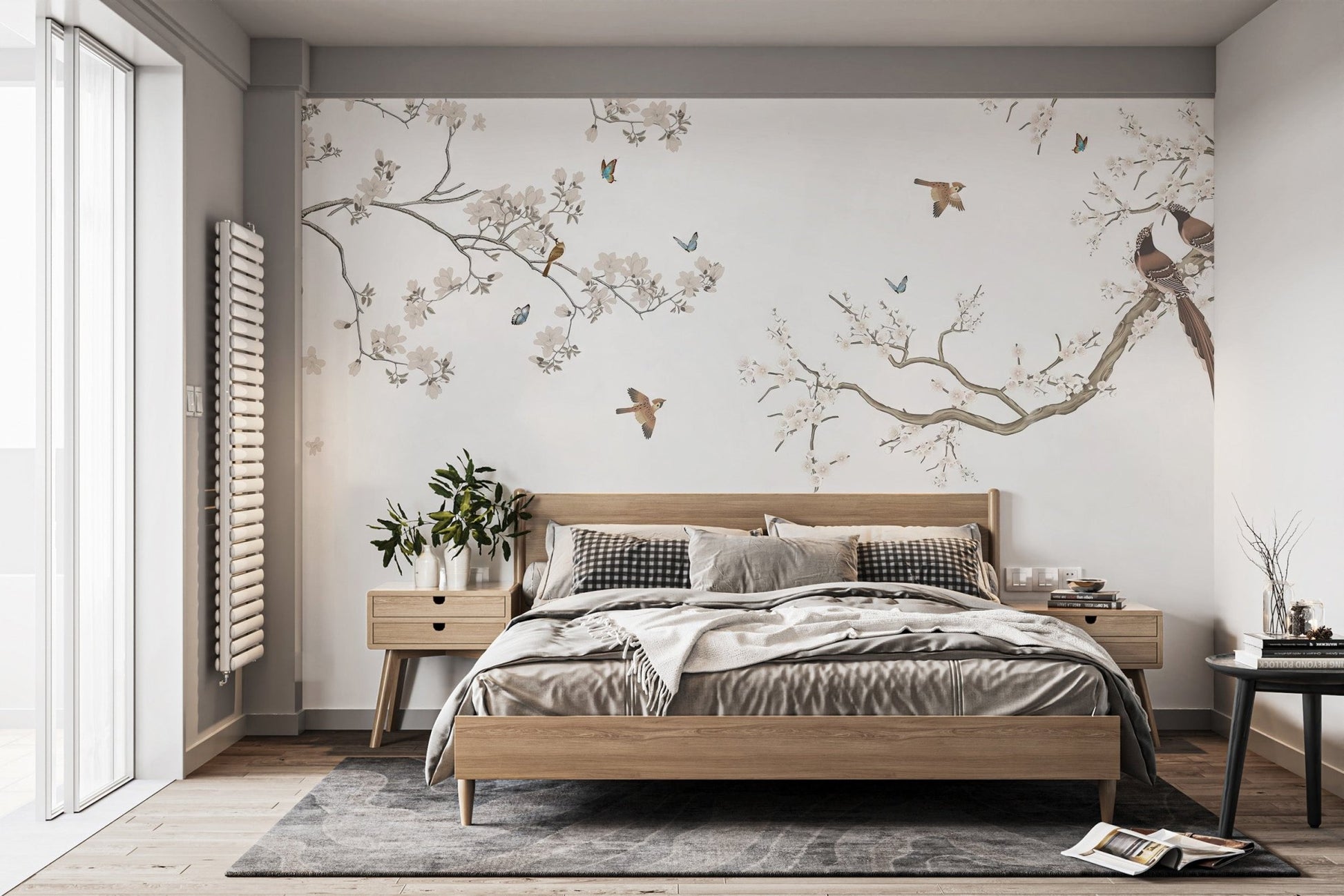Contemporary blossom branch wall mural wallpaper in muted shades.