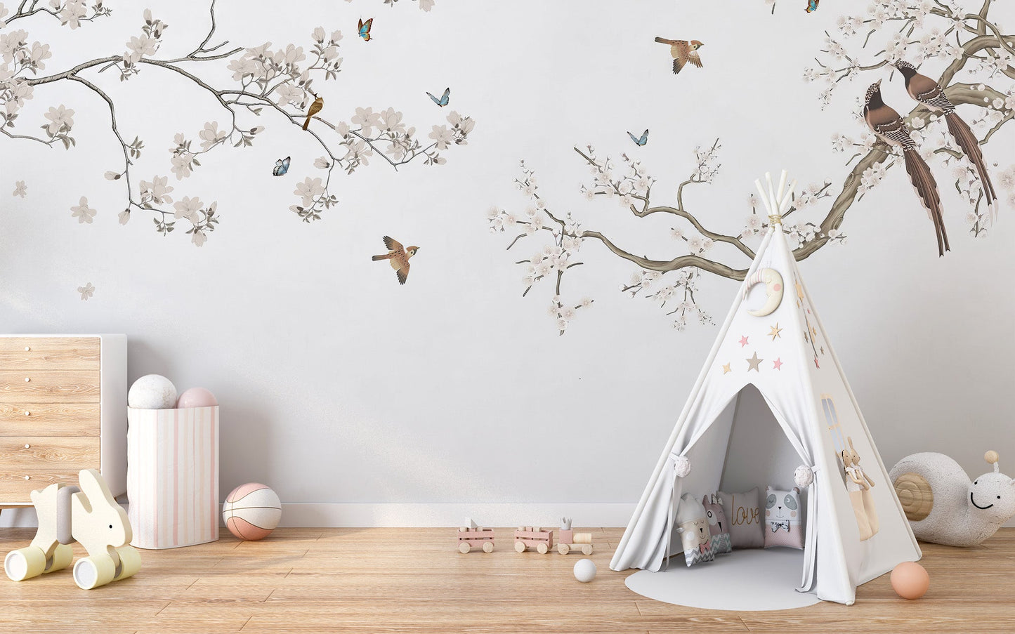 Botanical branch and bird wallpaper mural in modern style.