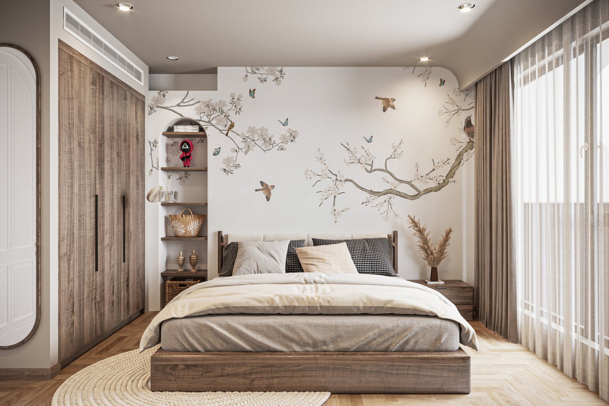 Decorative floral bird wallpaper mural with light neutral backdrop.