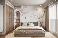 Decorative floral bird wallpaper mural with light neutral backdrop.