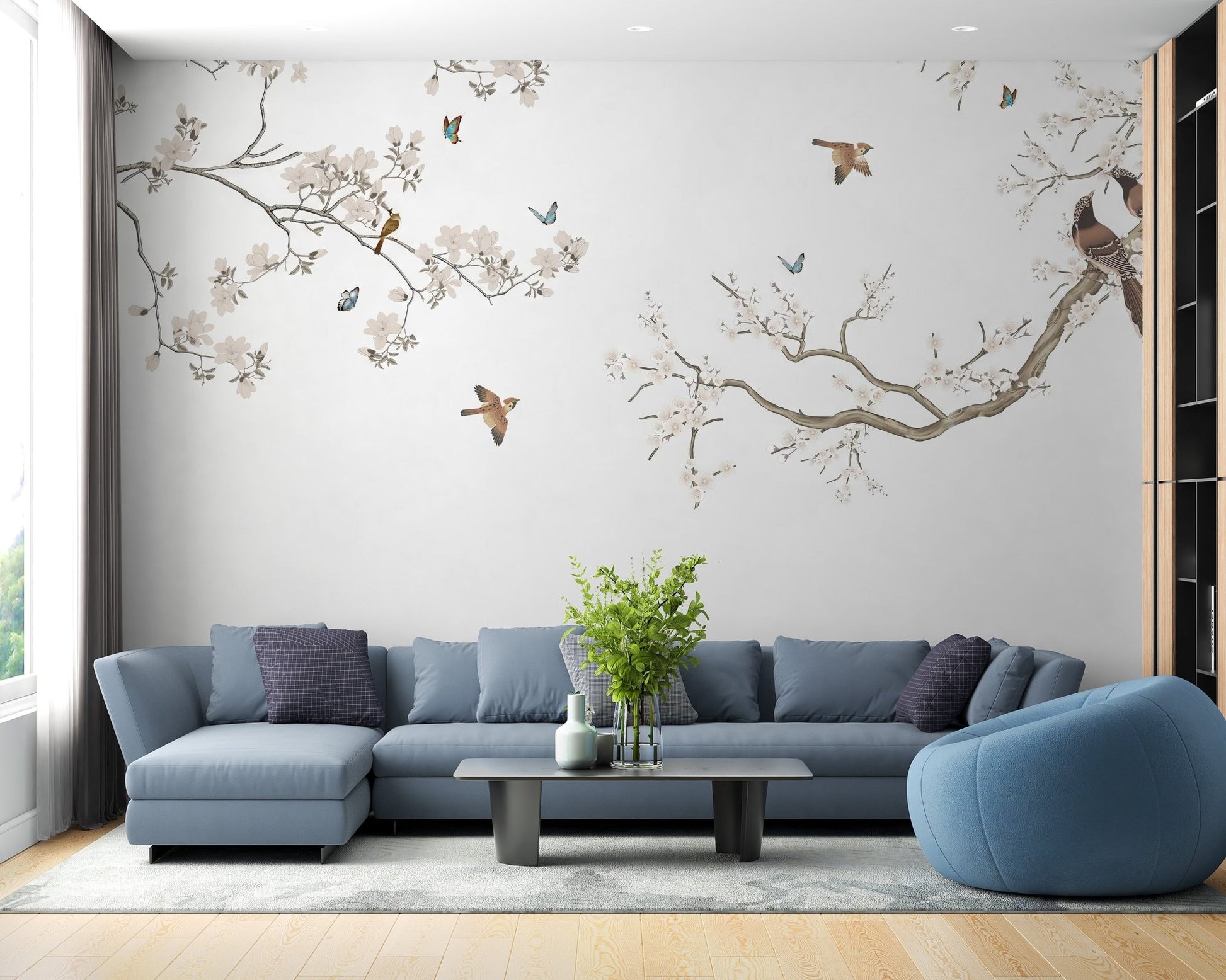 Delicate blossom branch wall mural wallpaper in neutral pastel tones.