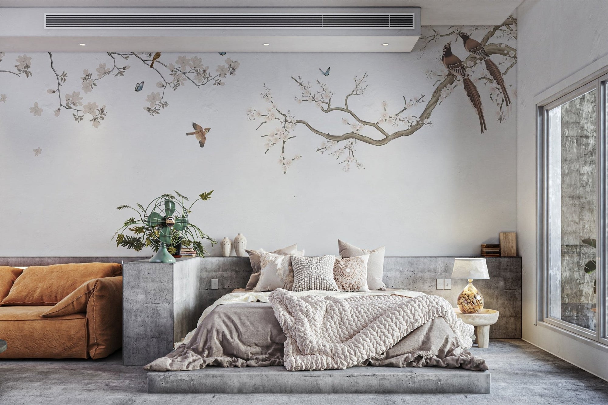 Peach Blossom Birds wallpaper mural with soft florals and flying birds.