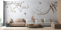 Minimalist blossom and sparrow wallpaper wall mural composition.