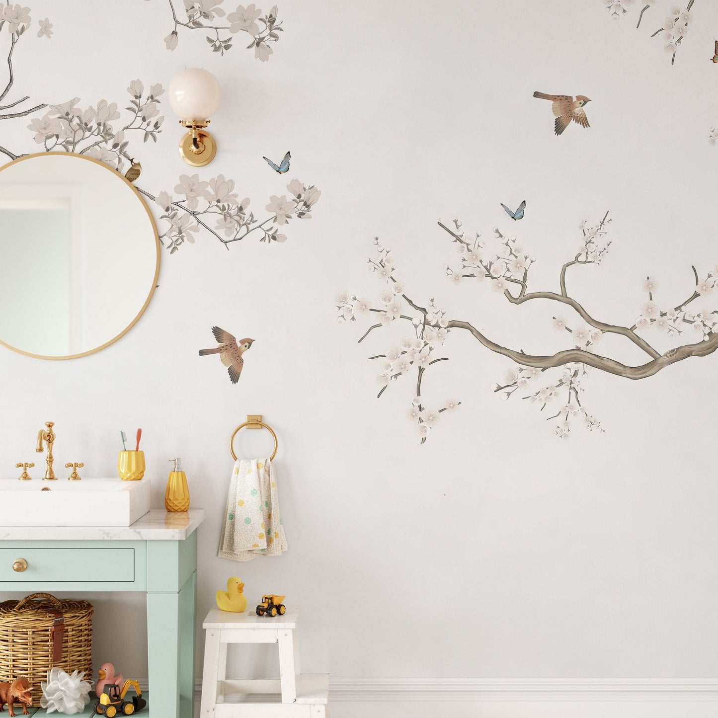 Minimal peach blossom wall mural wallpaper in light beige color.
