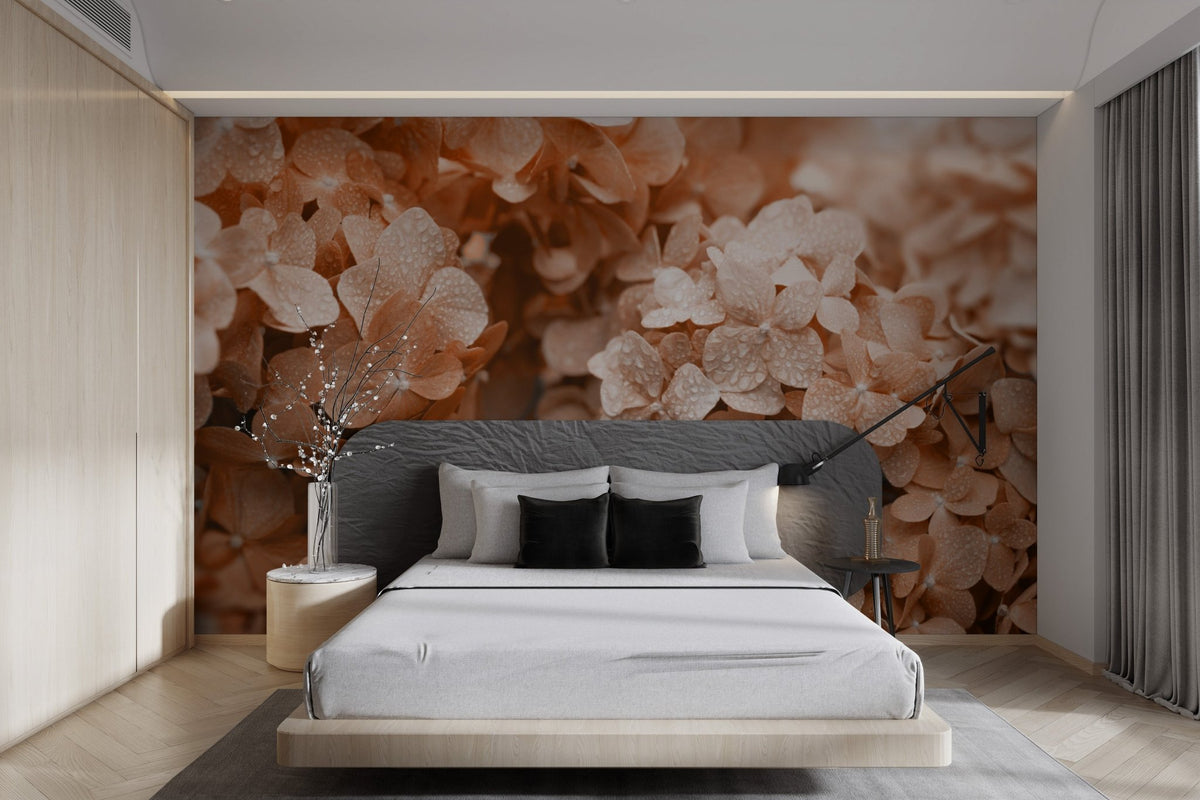 Peach Hydrangea Floral Wallpaper in soft pastel shades for a modern interior.