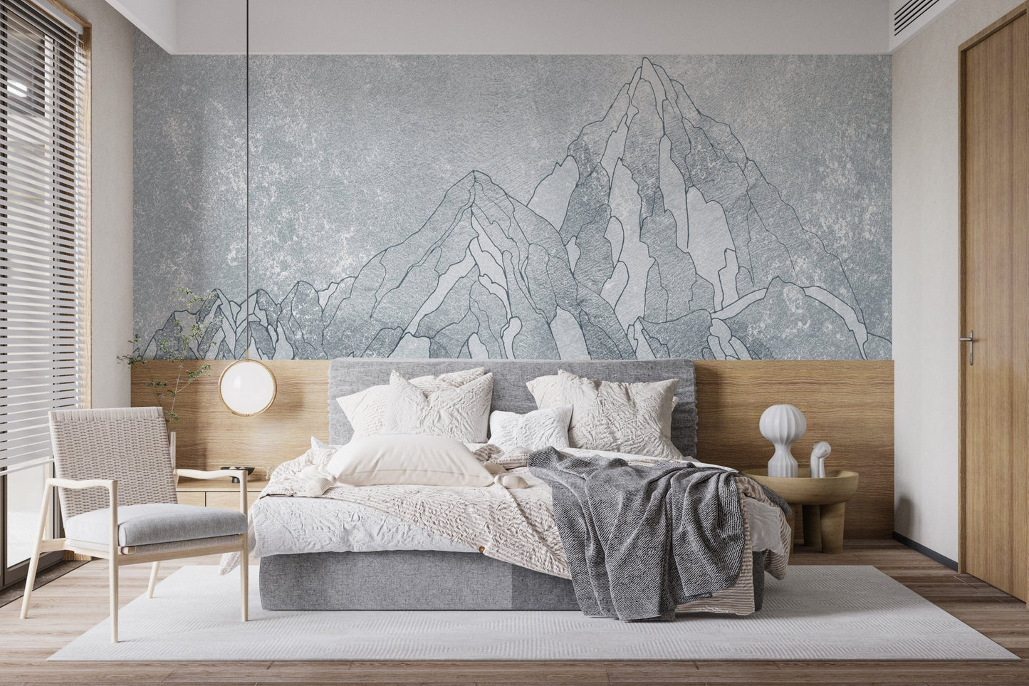 Everest mountain mural blending elegance in bedroom with breathtaking views.
