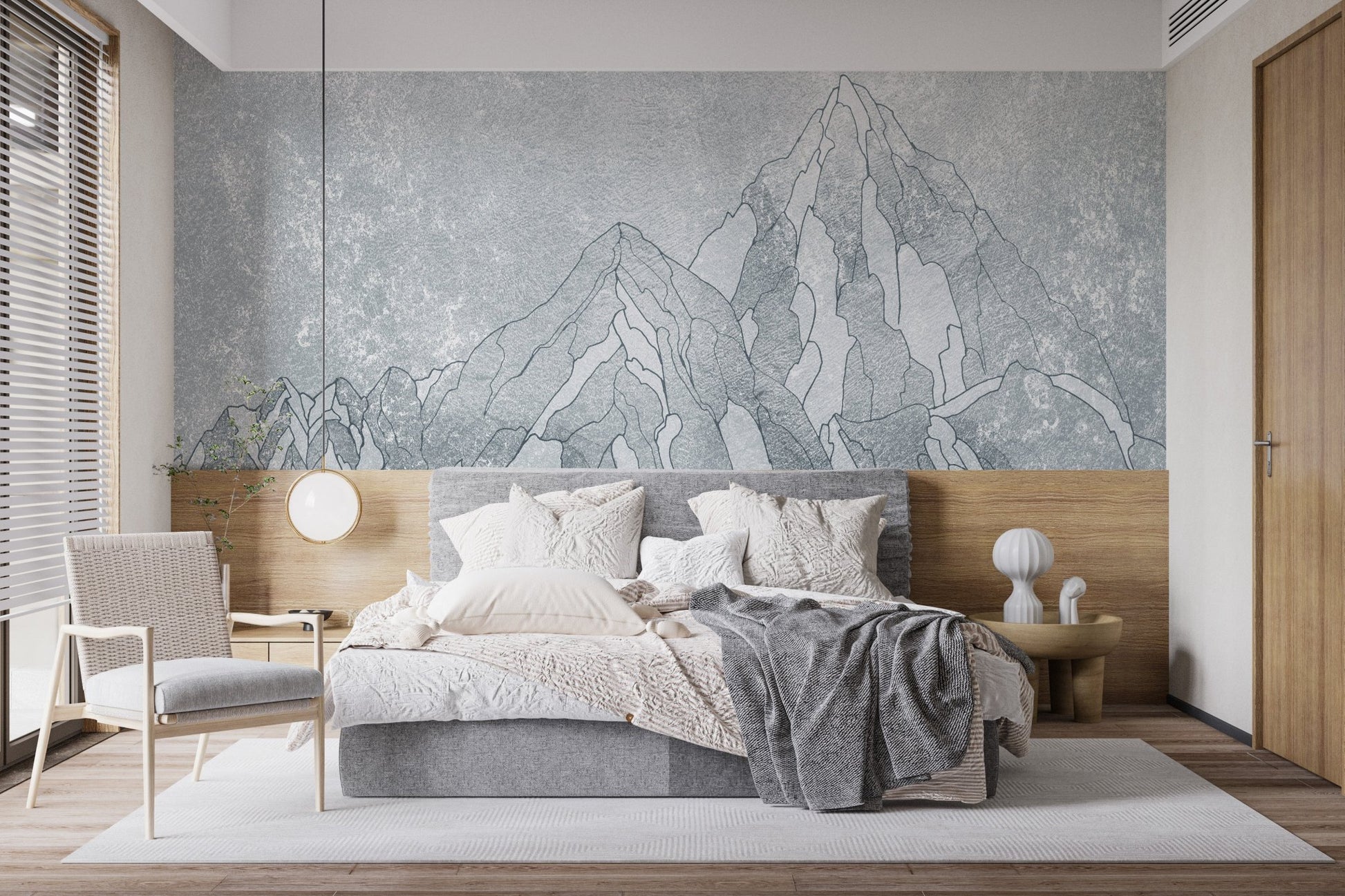 Everest mountain mural blending elegance in bedroom with breathtaking views.
