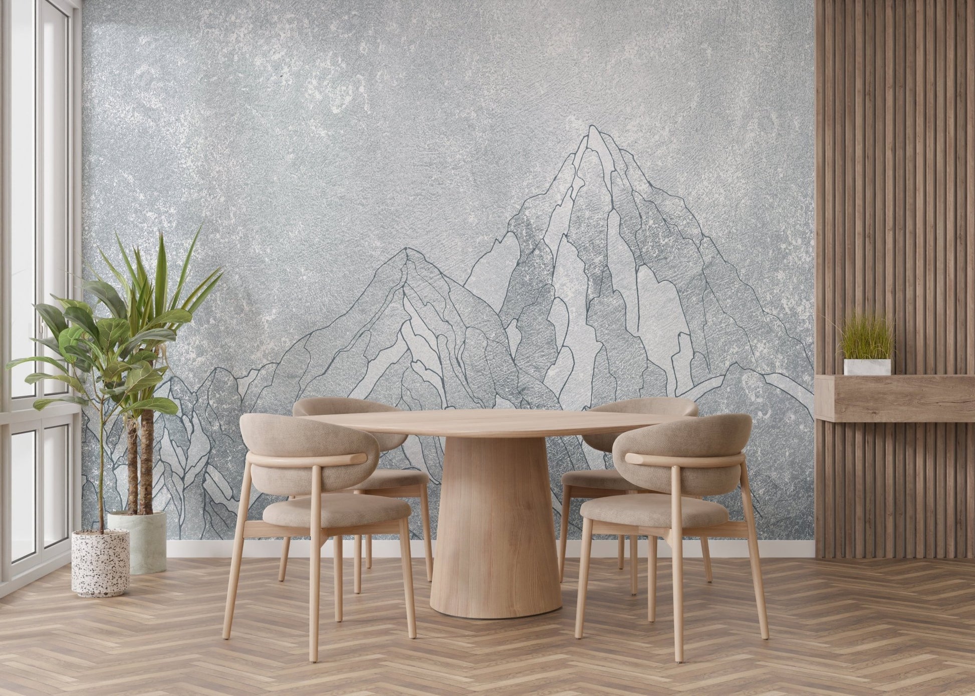 Refined wall mural featuring Everest's peak in serene elegance for wooden dining room.
