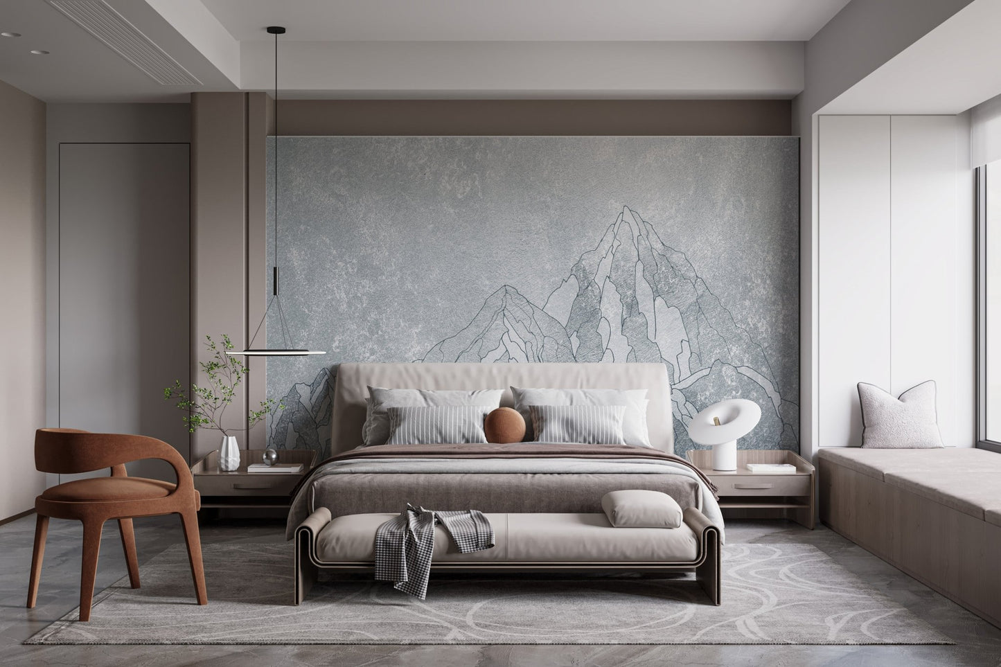 Everest Mountain wall mural used as feature background in bedroom interior