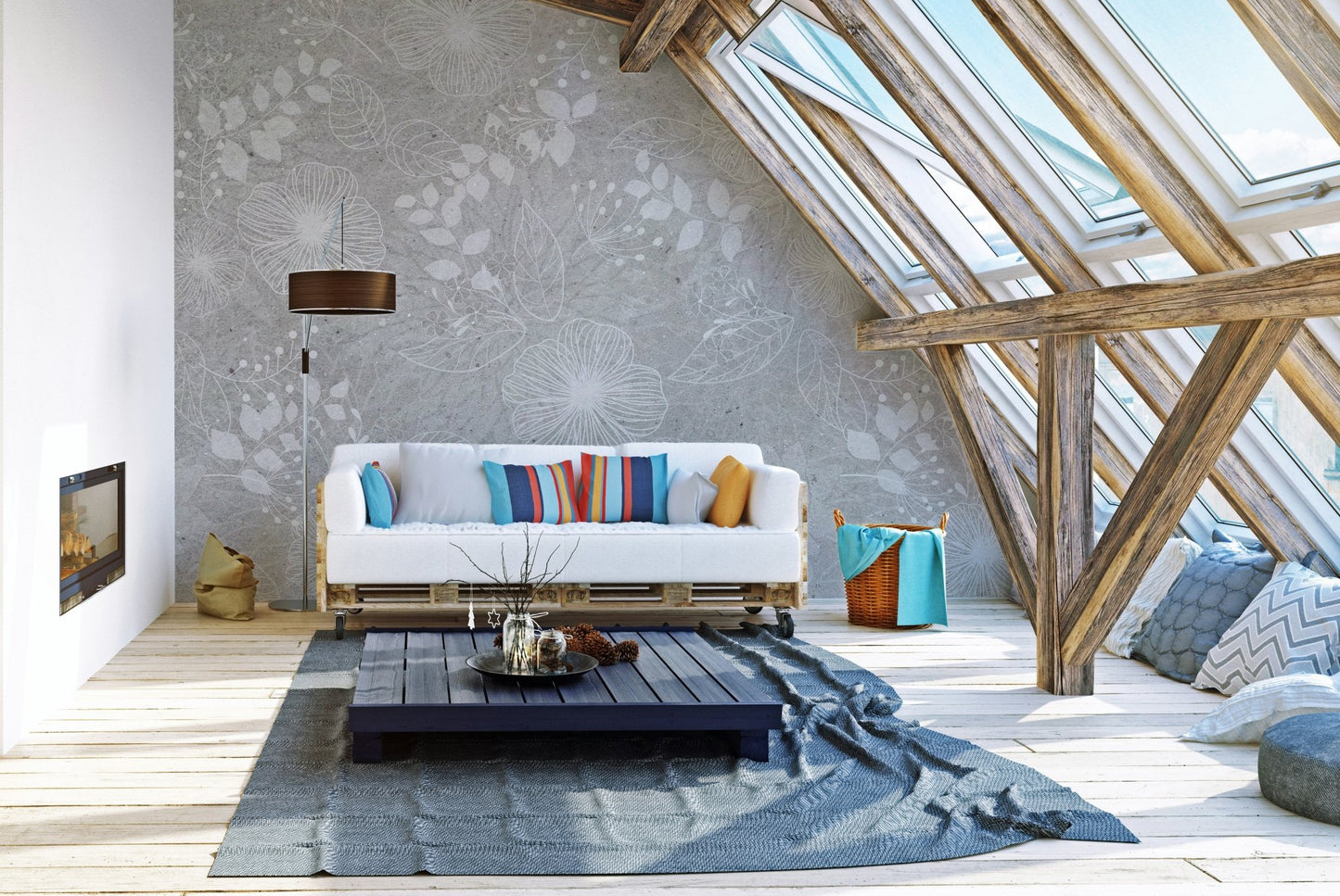 White flower field wall mural in an attic living with wooden beams and a white sofa.
