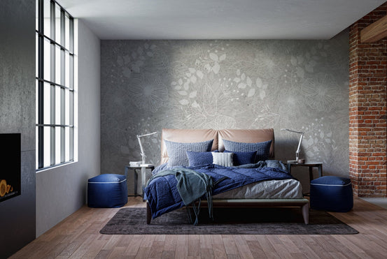 Pearl White Flower Fields Wall Murals in a bedroom with blue bedding.
