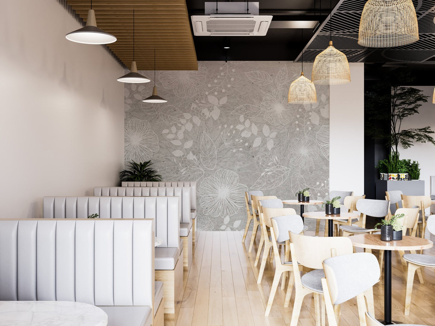 Pearl White Flower Fields Wall Murals in a modern cafe with wooden tables.