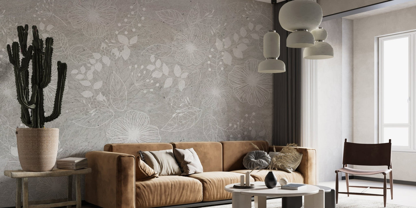 Minimalist flower wall mural in a living space featuring a tan sofa and cactus plant.