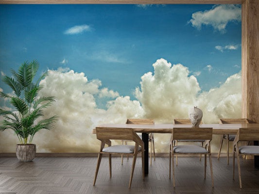Pearl White Heavenly Clouds Wall Murals in a dining room with wooden furniture.