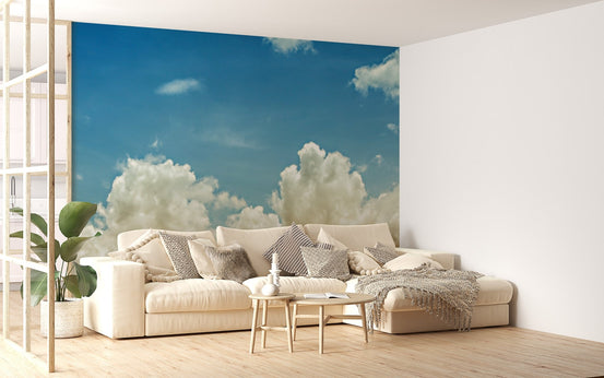 Pearl White Heavenly Clouds Wall Murals on a feature wall in a modern living room.