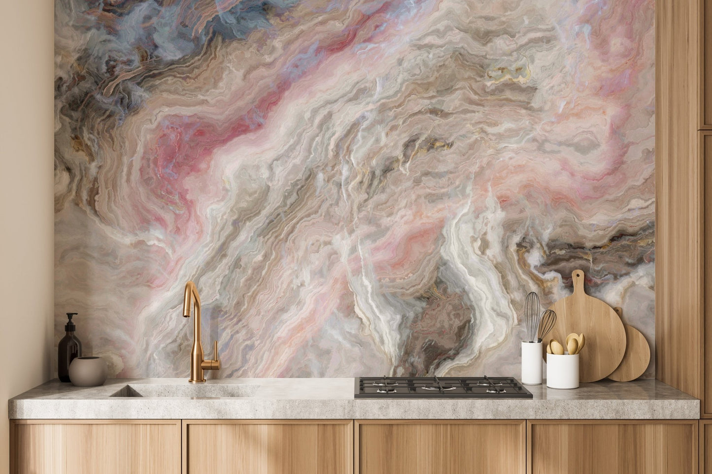 Marble wall mural with fluid textures in a modern kitchen setting.