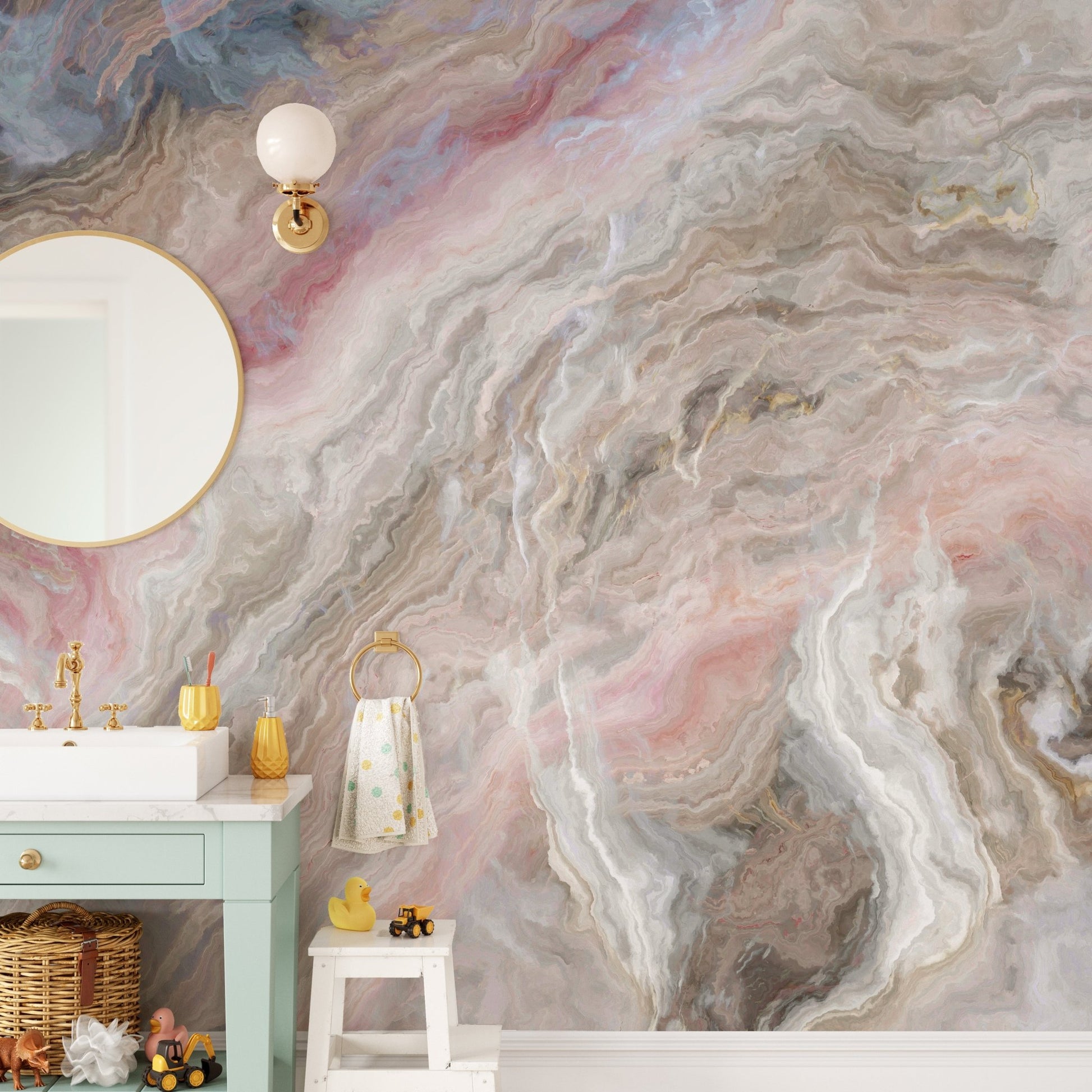 Multi-colored marble wall mural featuring soft pink and blue mineral veining.