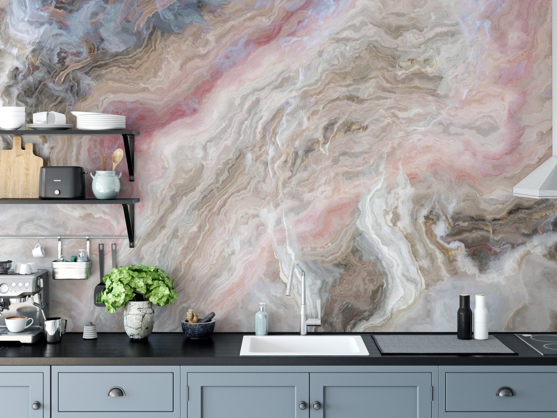 Beige color marble wall murals paired with a black kitchen countertop.