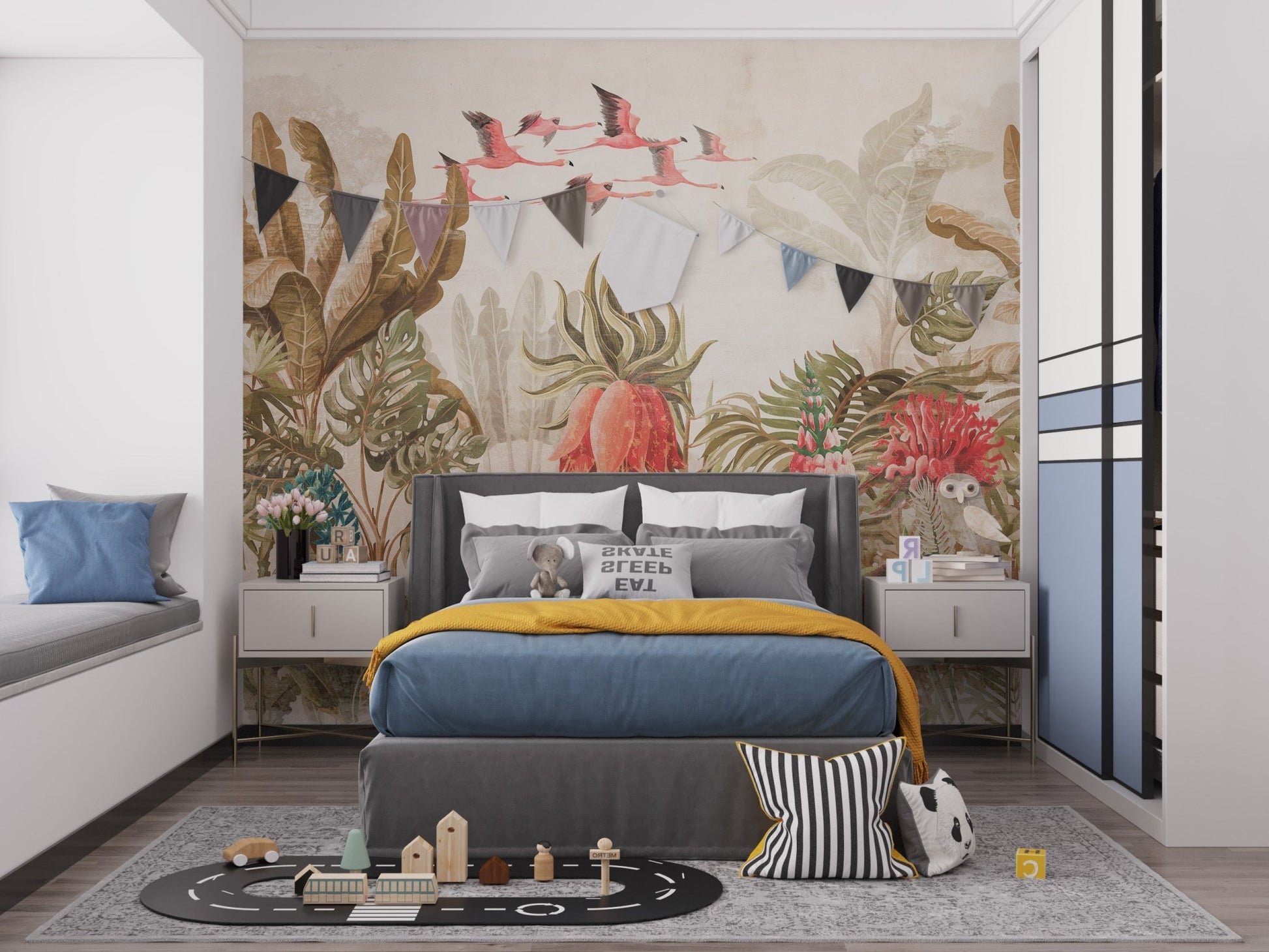 Dark grey bed frame positioned against a Havana art wall mural.