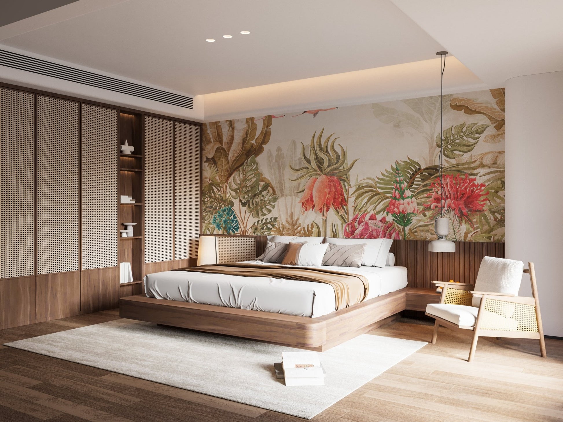 Havana art wall mural behind a wooden bed frame in a minimalist bedroom.