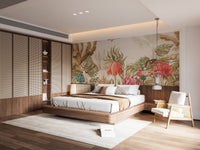Havana art wall mural behind a wooden bed frame in a minimalist bedroom.