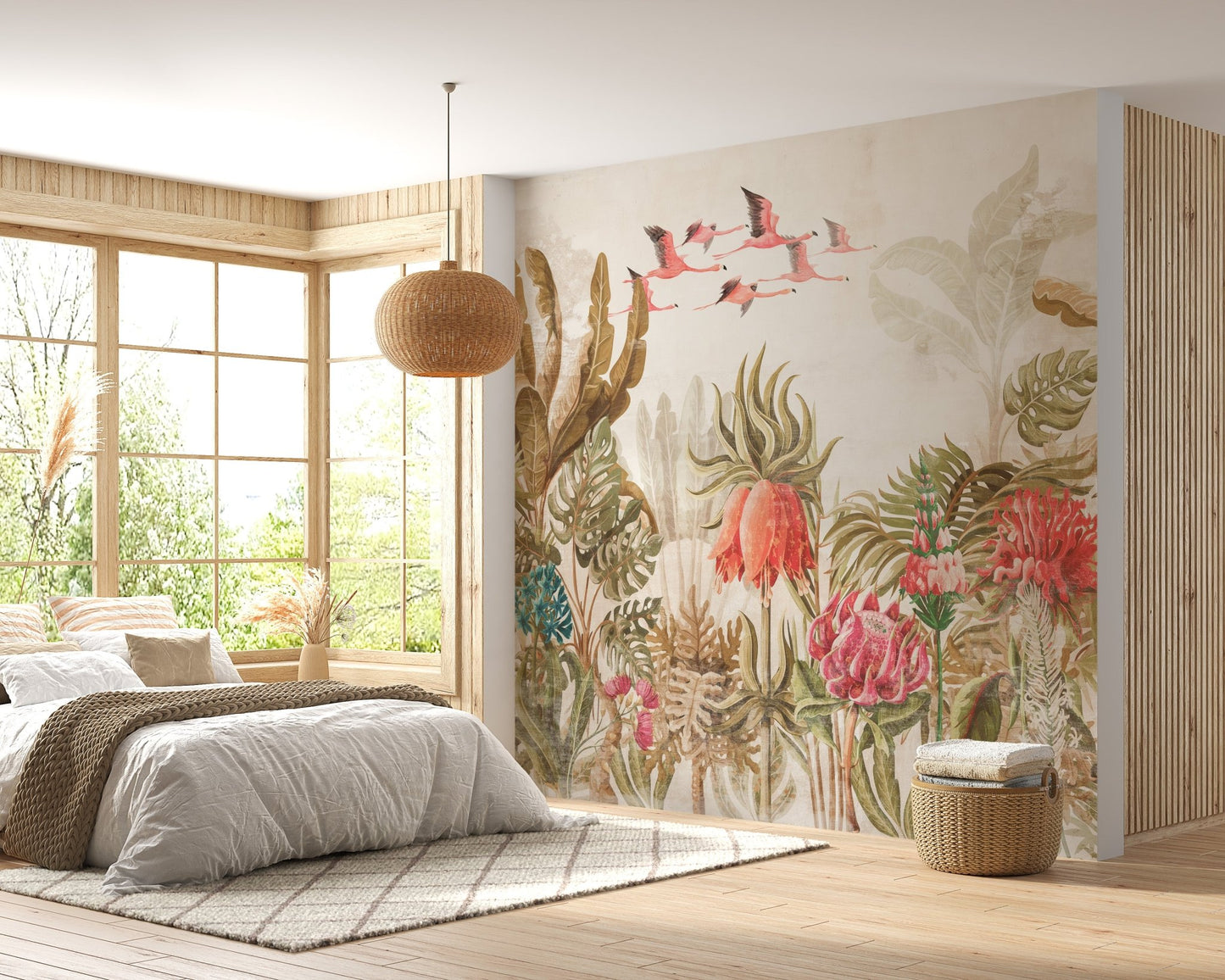 Neutral toned bedroom featuring tropical havana wall mural and wicker light.