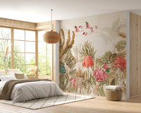 Neutral toned bedroom featuring tropical havana wall mural and wicker light.